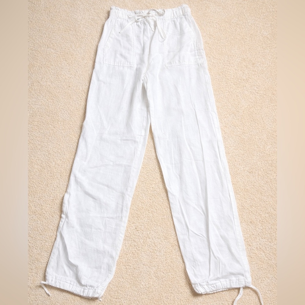 Pull&Bear White Drawstring Linen Blend Wide-Leg Pants